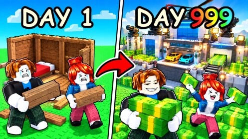 2 Player Raid Tycoon promotional artwork comparing a small house and a large factory