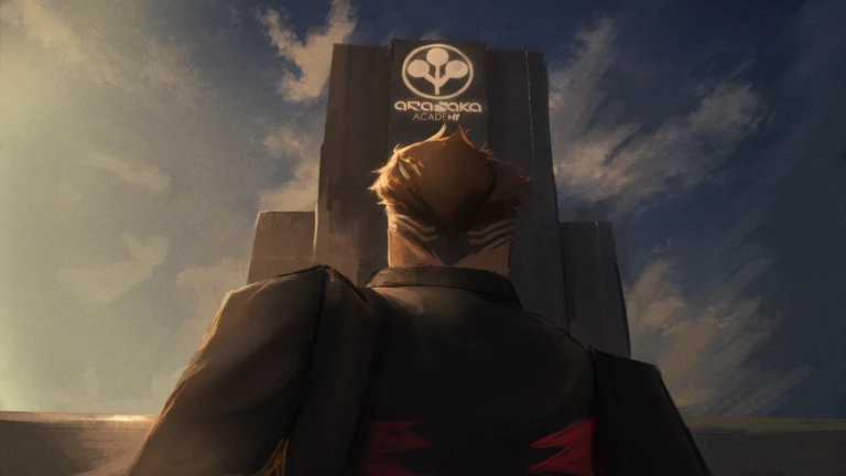 Official Arasaka Academy cover showing a character facing the academy tower.