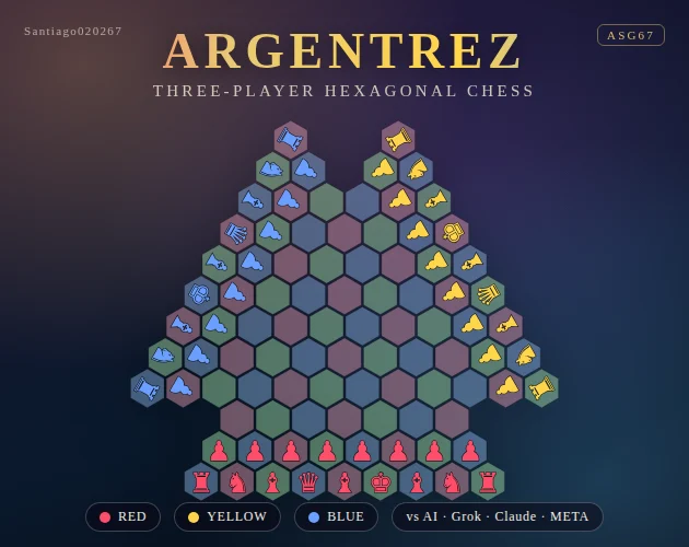 Argentrez ASG67 hexagonal chessboard with three colored armies
