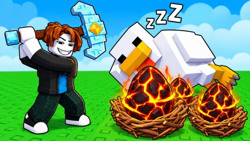 Break and Steal an Egg artwork showing a pickaxe, sleeping chicken and glowing eggs