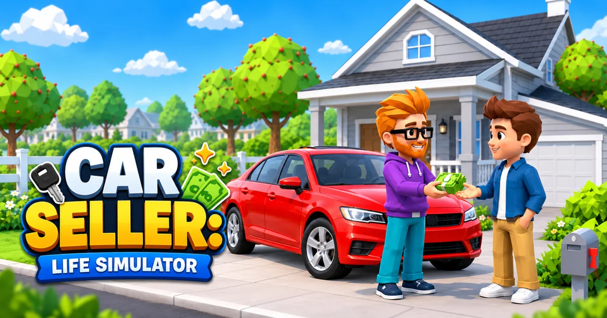 Car Seller Life Simulator promotional art with a red car and a sale
