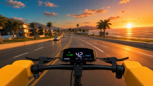 Drive A Kukirin official artwork showing scooter handlebars on a coastal road at sunset