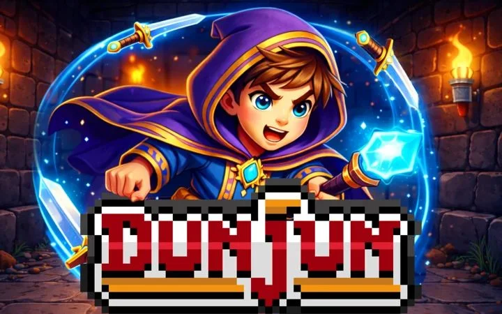 Official Dunjun cover with a purple-robed character and the game logo.