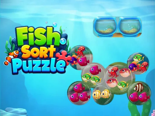 Fish Sort Puzzle cover with colorful fish in bubbles beneath the game title.