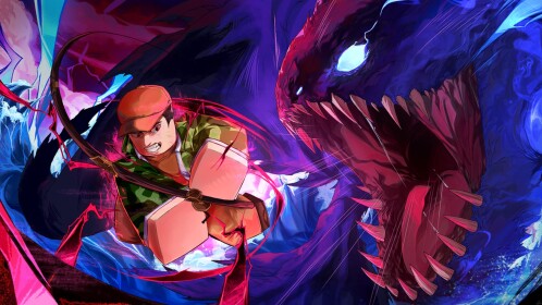 Fishing Master official artwork showing an angler facing a huge purple creature