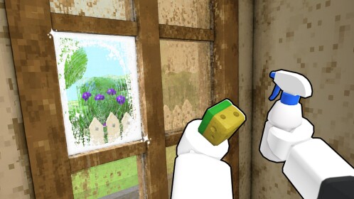 Flip a House official artwork showing a sponge and spray bottle in a dirty room