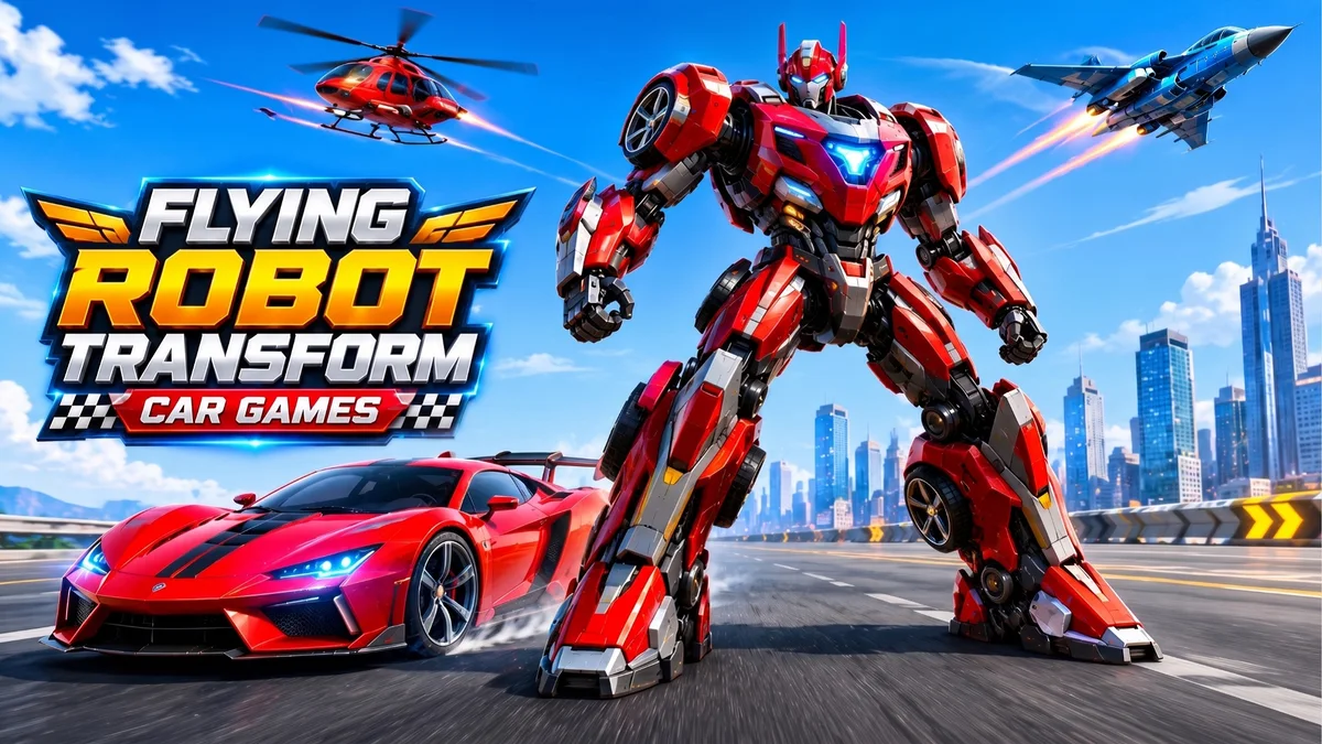 Official Flying Robot Transform Car Games cover with a red robot, sports car, helicopter and jet.