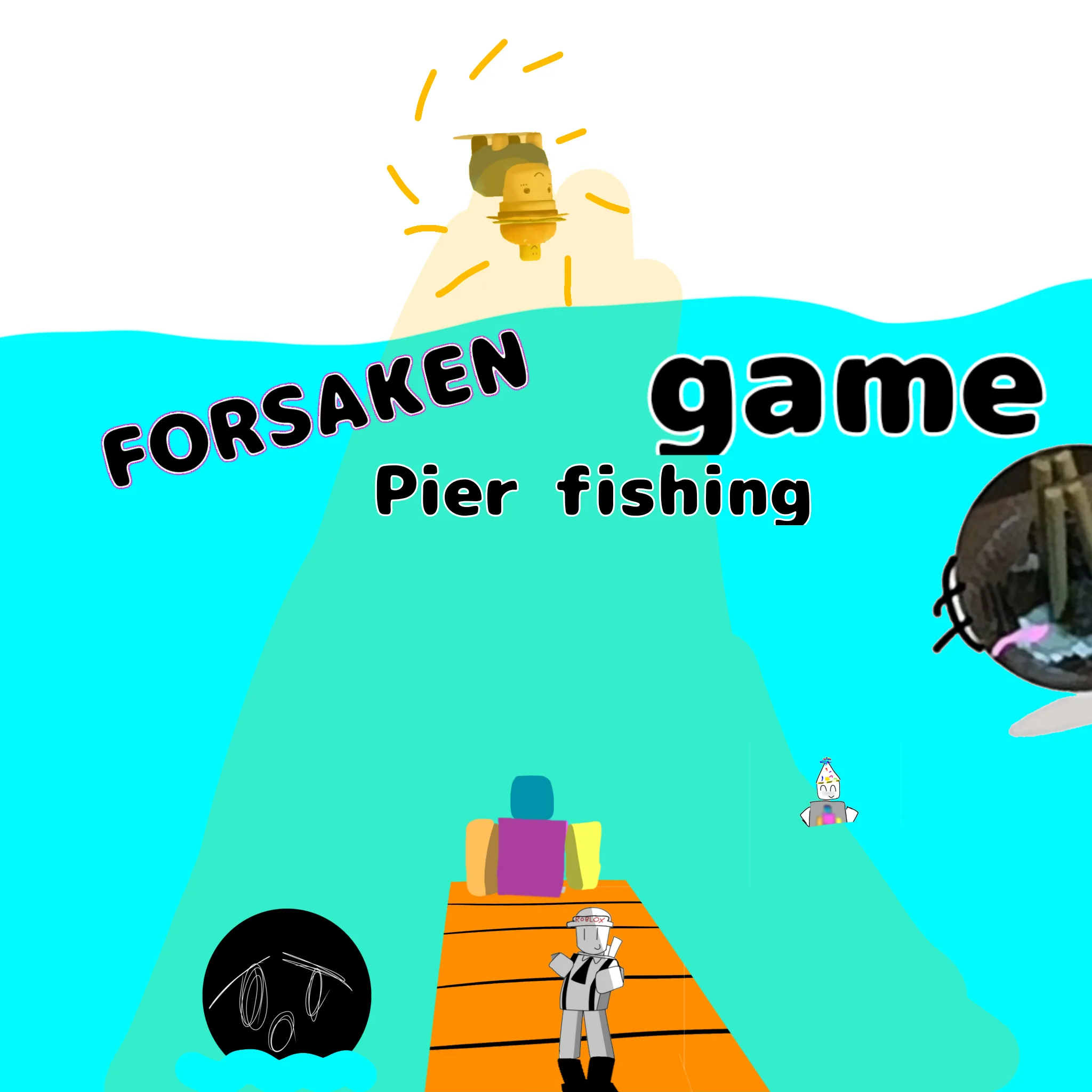 Cover with Forsaken Pier fishing text, turquoise water and a character on a pier.