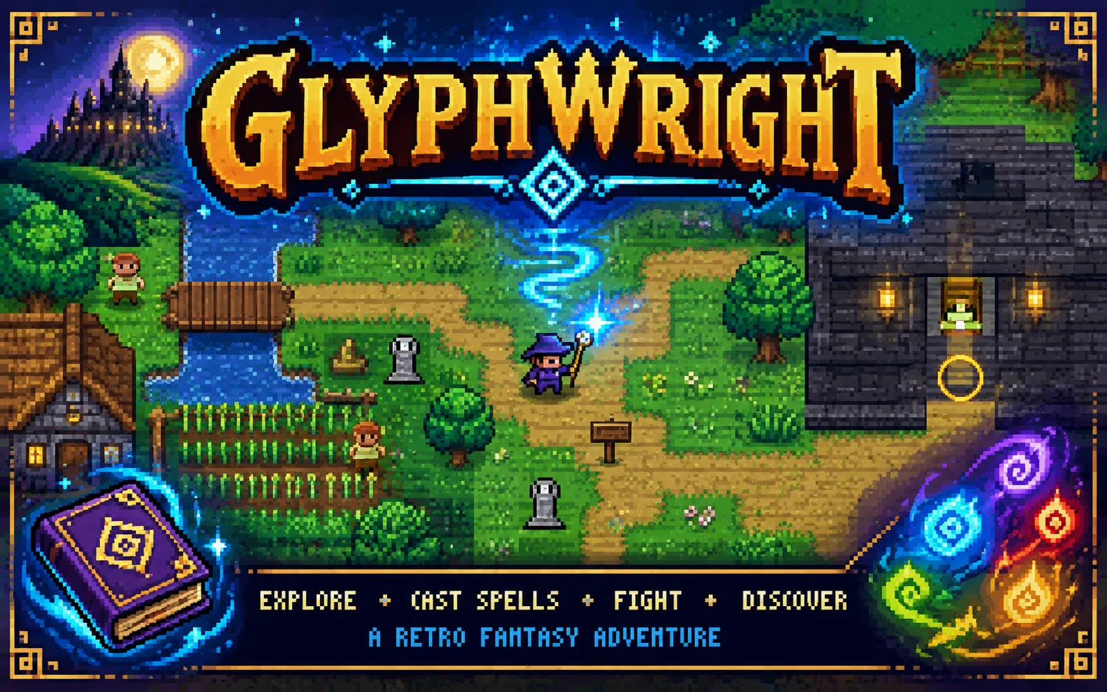 GLYPHWRIGHT promotional art with a wizard, castle and river