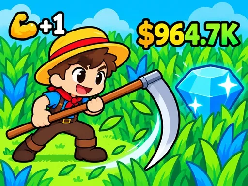 Grass Rush Adventure cover showing a character cutting grass with a sickle.