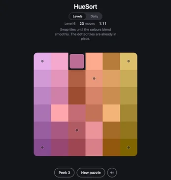 Official HueSort puzzle screen with a colored grid, fixed dotted tiles and Daily and Levels tabs.