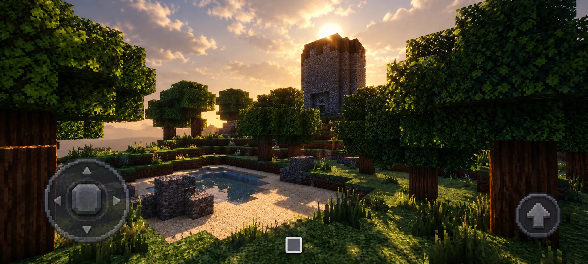 Iblaime-Alpha voxel scene with trees, water and block structures at sunset.