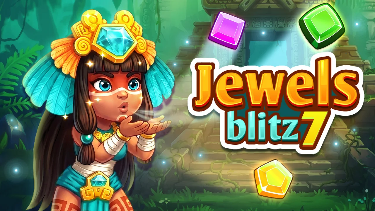 Official Jewels Blitz 7 artwork with colorful gems, a character and the game logo.