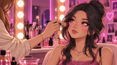 Official Makeup Mania cover illustration of a makeup brush applied at a dressing mirror.