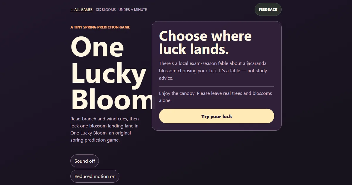 Official One Lucky Bloom screen with a jacaranda luck story and Try your luck button.