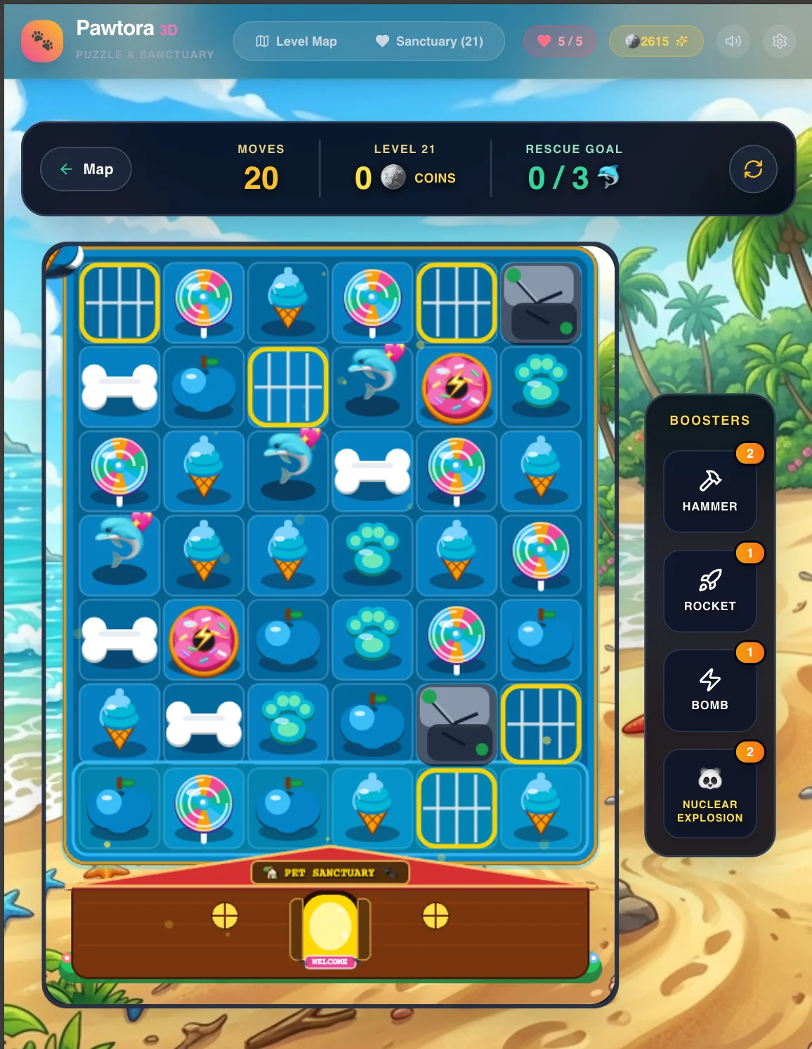 Official Pawtora screenshot showing a puzzle board, rescue goal, boosters and a pet sanctuary.