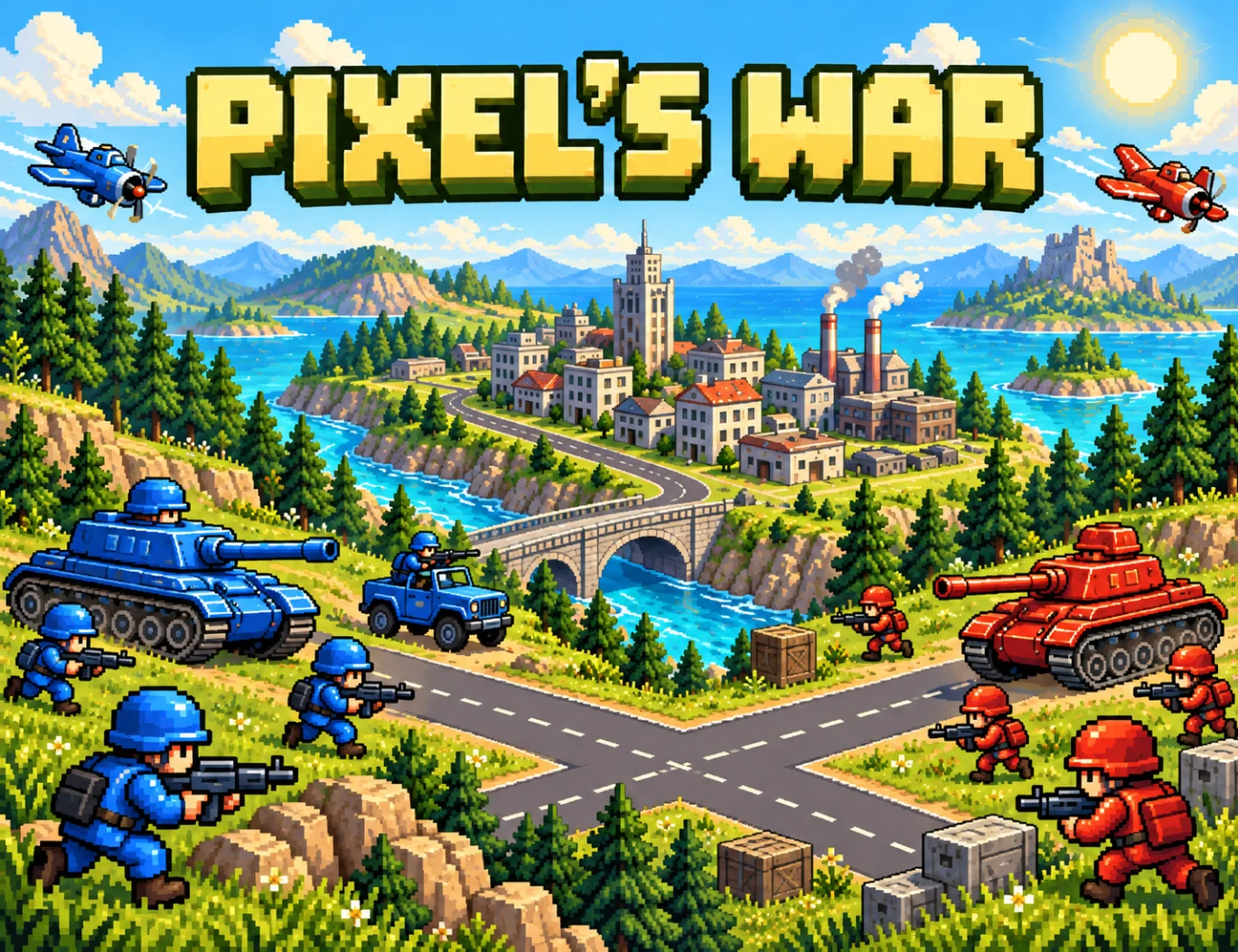Pixel's War promotional art showing opposing blue and red armies