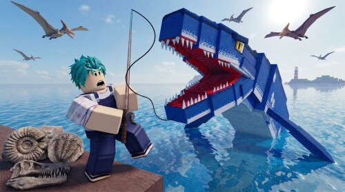 Official Prehistoric Farm artwork with a Roblox angler, fossils and a blue sea reptile.