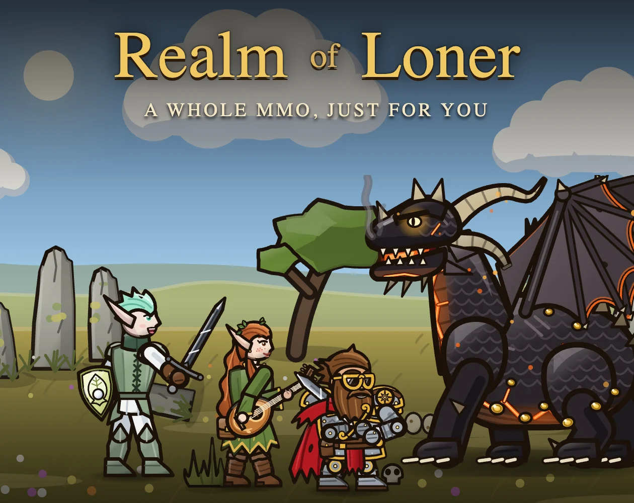 Official Realm of Loner cover showing an adventuring party facing a dragon.