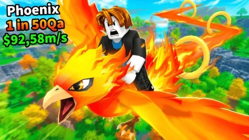Official Ride A Pet artwork showing a Roblox character riding a fiery phoenix.