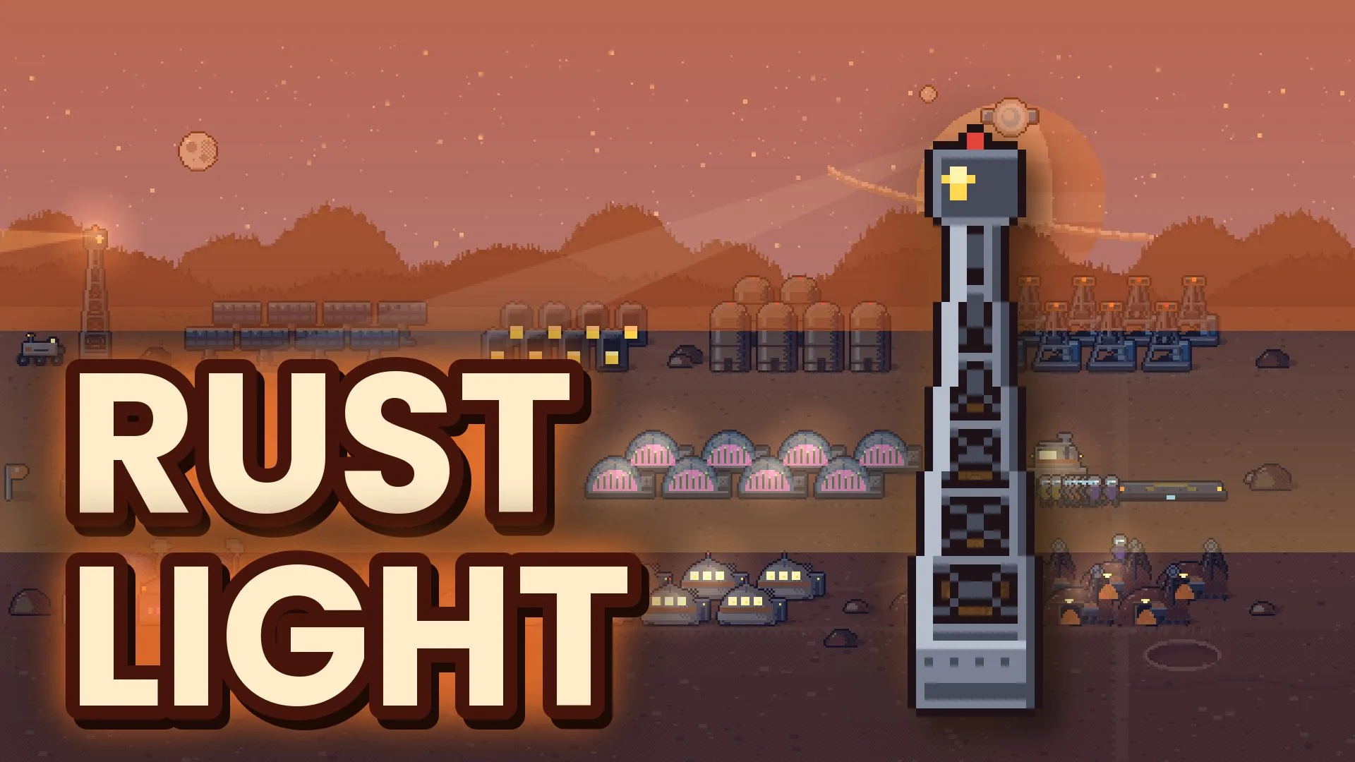 Rustlight cover with its title beside a pixel-art colony on a red planet.