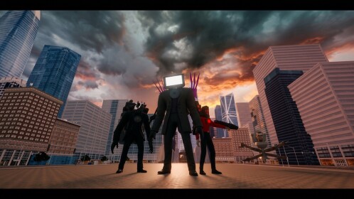 Official Skibidi Toilet War cover with giant screen-headed operators in a city.