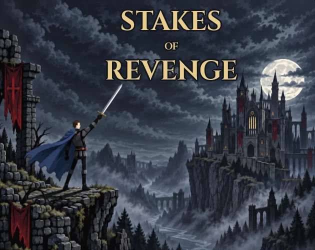 Official Stakes of Revenge cover with a sword-bearing figure facing a moonlit castle.