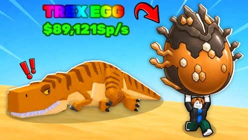 Official Steal An Egg artwork showing a Roblox character carrying a large egg beside a dinosaur.