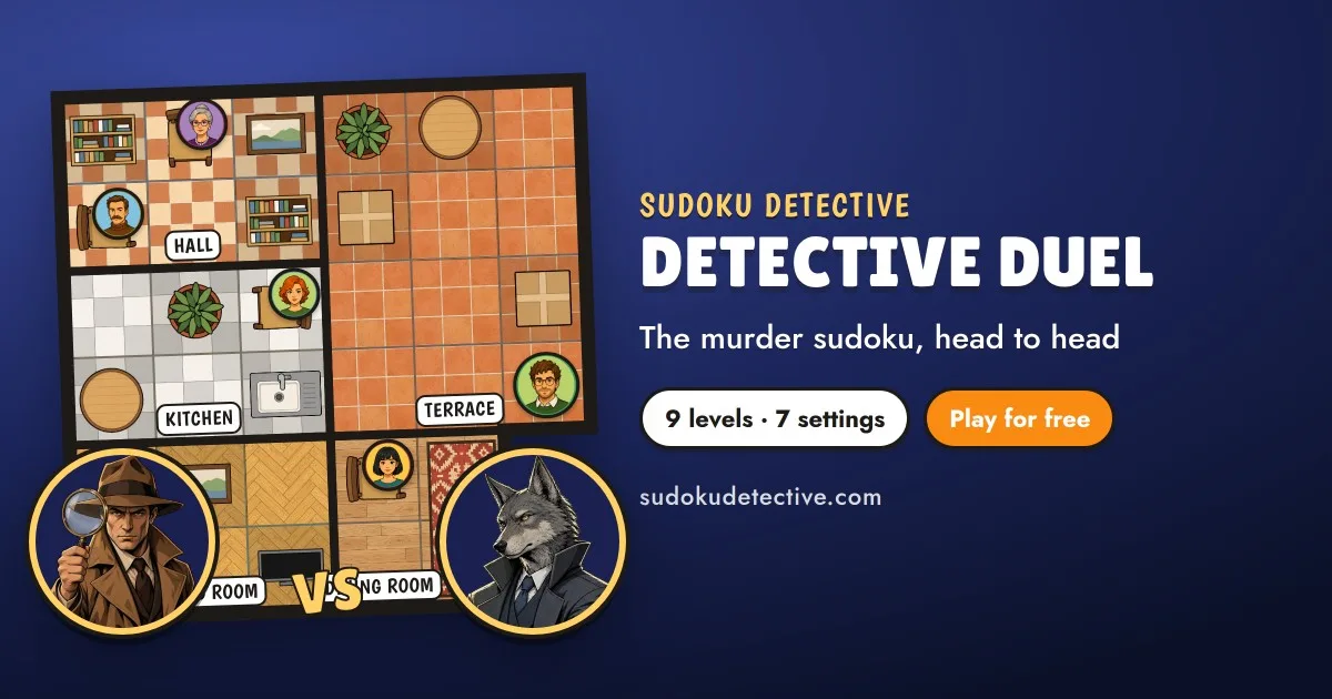 Detective Duel cover with a deduction grid and the game title on a blue background.