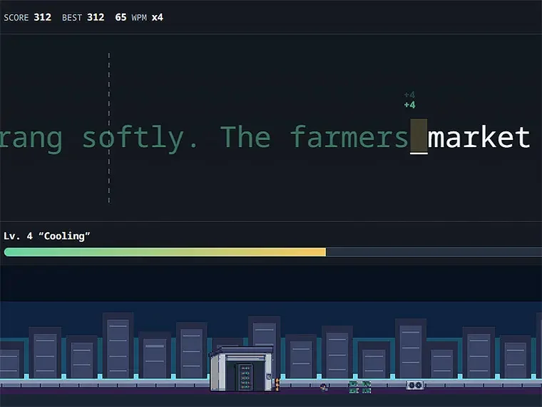 Texter Tycoon typing line above a growing pixel city