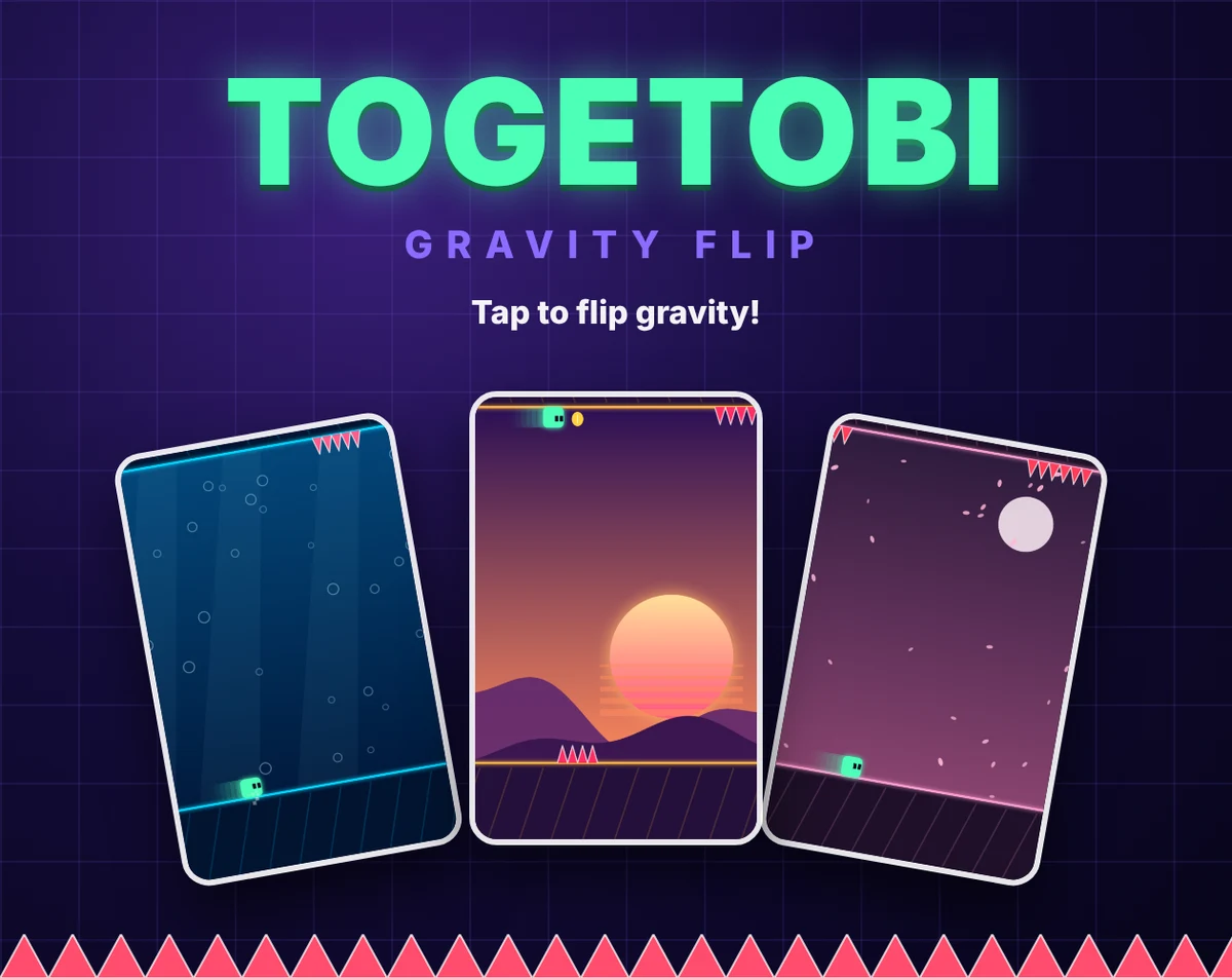 Official TOGETOBI Gravity Flip cover with three gameplay panels.