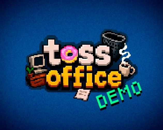 Official Toss Office demo cover with colorful lettering and office objects on blue.